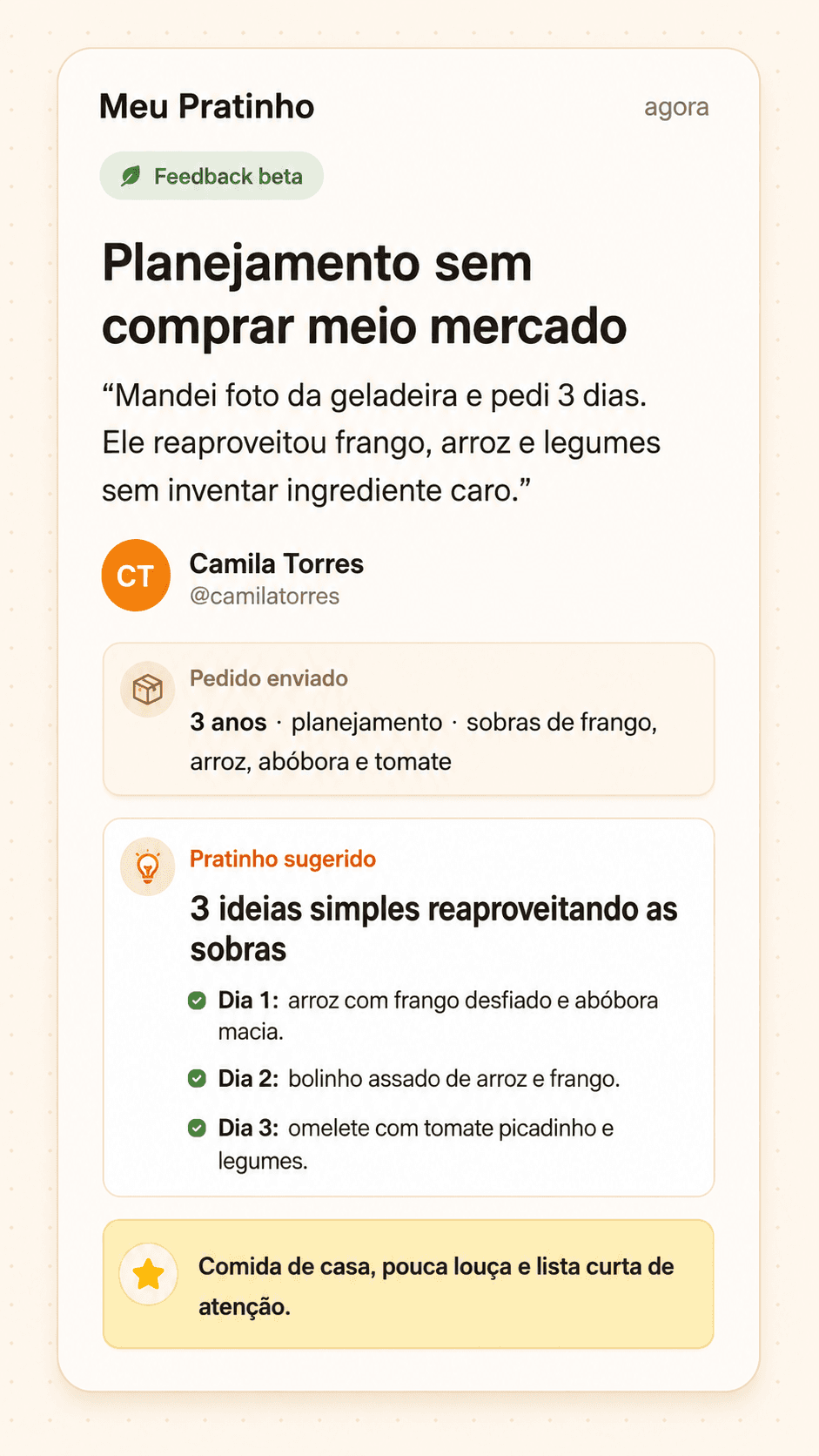Print ilustrativo de uma mãe usando o Meu Pratinho para montar almoço com arroz, feijão e legumes