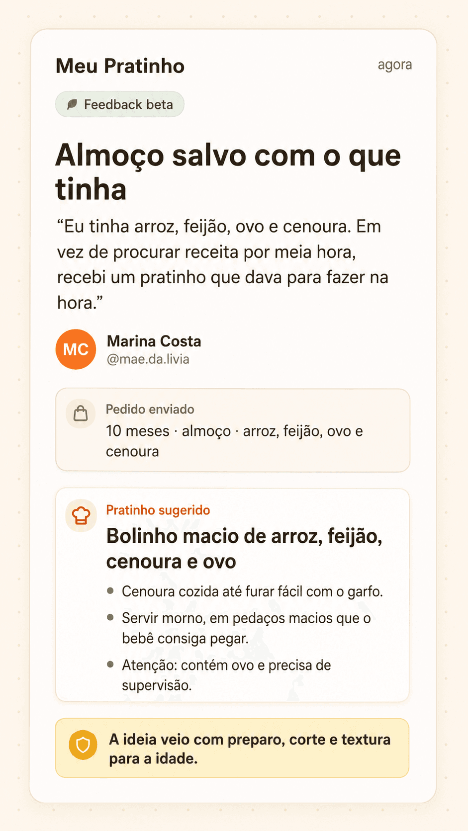 Print ilustrativo de feedback sobre pratinho seguro para introdução alimentar